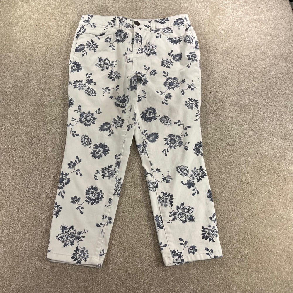 Christopher & Banks Pants Womens 12P White Navy Floral Signature Slimming Petite